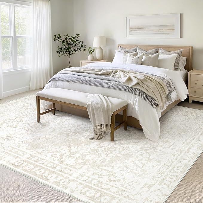 Vintage Living Room Area Rug - 9x12 Large Machine Washable Boho Area Rug Distressed Floral Rugs for Bedroom, Soft Non-Slip Indoor Floor Accent Rugs for Office Dining Room (Cream Beige, 9'x12')
