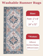 SERISSA Boho Washable Runner Rug, 2x6 Rug Non-Slip Vintage Blue Orange Hallway Kitchen Runner Rug Ultra Soft Print Distressed Tribal Floor Carpet for Bedroom Bathroom Laundry Room