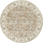 jinchan Fiora Round Rug 8ft Area Rug - Taupe Vintage Floor Mat Indoor Ultra-Thin Soft Floral Print - Washable Circle 8' Retro Accent for Farmhouse Non Slip Dining Room Living Room Bedroom Office