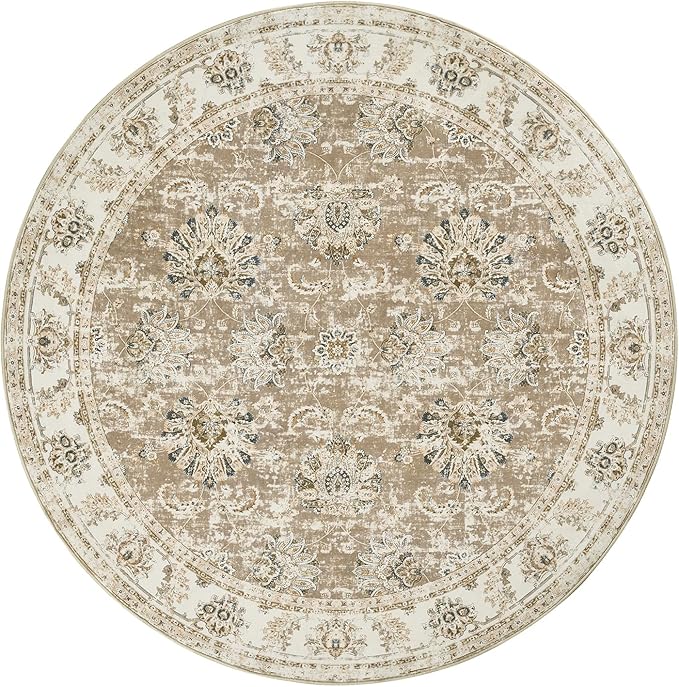 jinchan Fiora Round Rug 8ft Area Rug - Taupe Vintage Floor Mat Indoor Ultra-Thin Soft Floral Print - Washable Circle 8' Retro Accent for Farmhouse Non Slip Dining Room Living Room Bedroom Office