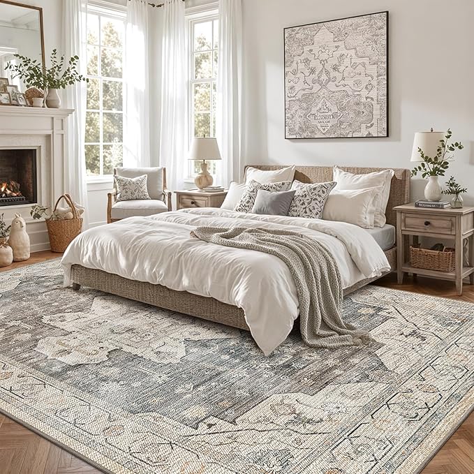 LUMI 4x6 Washable Area Rug for Living Room, Ultra Soft Vintage Rugs with TPE Non Slip Backing, Stain Resistant, Low Profile Carpet High Traffic for Bedroom, Dining Room