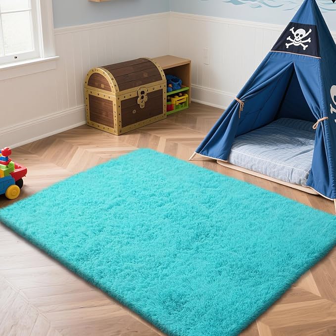 Teal Blue Rug Fluffy Rugs, 5x8 Teal Area Rugs for Bedroom, Soft Cute Baby Play Mat, Indoor Floor Carpet for Teen, Nursery, Preppy Dorm, Plush Aesthetic Bedside Rug