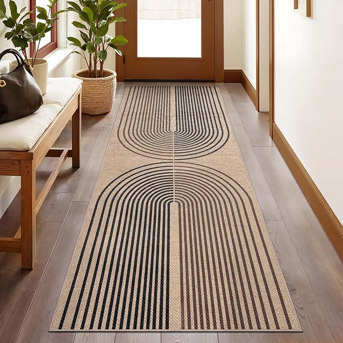 Tangsoo Rainbow Easy Jute Rug 2x6 Washable Runner for Hallways,Non-Slip Ultra Thin Dark Brown Outdoor Runner Carpet,Contemporary Kitchen Door Mat for Laundry Bedroom Entryway Porch