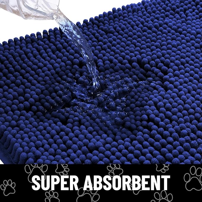 Smiry Dog Door Mat for Muddy Paws, Absorbent Dirt Trapper Non Slip Quick Dry Washable Chenille Mat for Mud Dogs, Entry Rug for Indoor and Outdoor (47x24 Inches, Navy Blue and White)