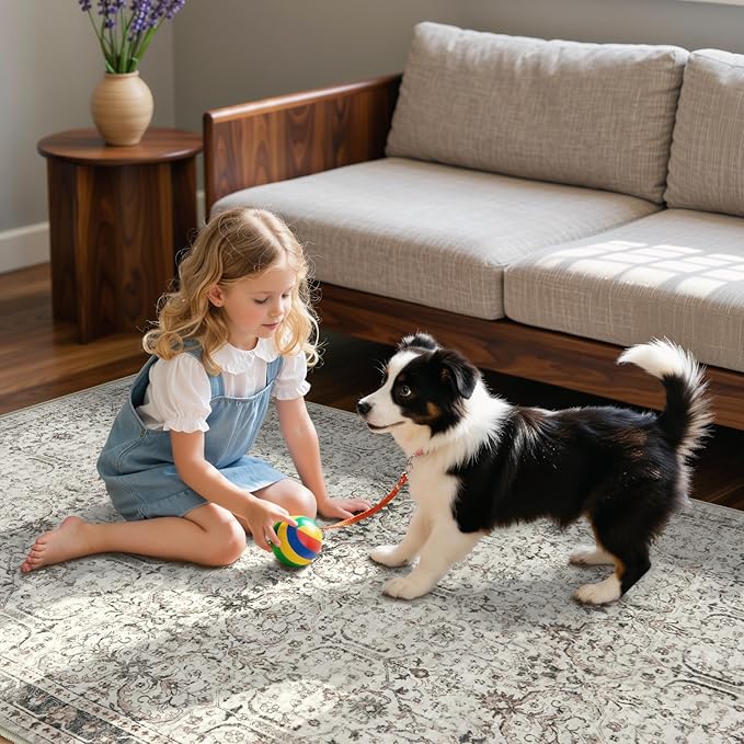 Moynesa Vintage Washable Grey 5x7 Living Room Rug, Neutral Area Rug for Bedroom Dining Room Kitchen, Low Pile Soft Non-Slip Retro Carpets for Office Indoor Nursery
