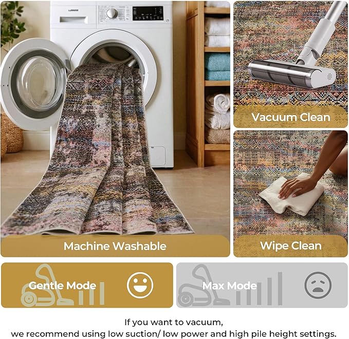 Kokia Abstract Area Rugs 8x10 Bedroom Soft Living Room Rugs Washable Distressed Vintage Comfy Brown Yellow Carpet with Non-Slip Backing for Farmhouse Home Office Room Decor, Oslo Fireworks