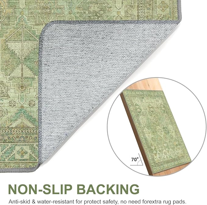 Bavni 2x3 Entryway Rug Bathroom Rugs for Front Door Bedroom Bathroom Kitchen, Washable Vintage Print Carpet, Ultra-Thin Chenille Lightweight Rug with Non Slip Backing, Light Green