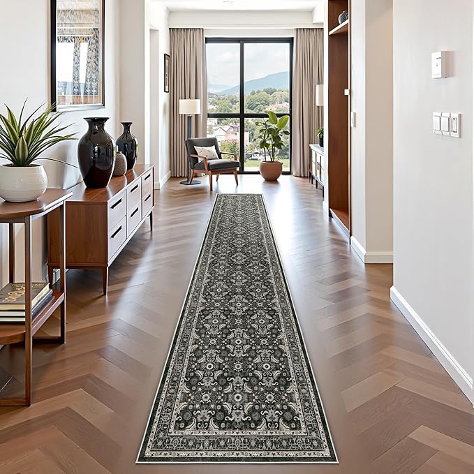 WITSHOCK Black Boho Washable 2x8 Kitchen Runner Rug,Vintage Neutral Hallway Rugs for Entryway,Soft Distressed Floor Mat for Bedroom,Entrance,Indoor Back Door(Black,2x8)