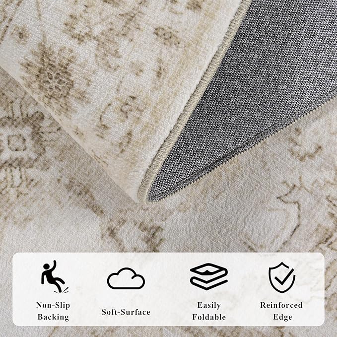 Washable Area Rug 5x7 Beige Rugs for Living Room, Vintage Boho Large Rug for Bedroom Dining Room Office, Distressed Floral Print Carpet for Under Table, Soft Non Slip Low Pile Throw Carpet Indoor Mat