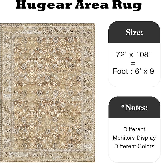 HUGEAR 6x9 Machine Washable Rugs Brown Beige Hallway Large Area Rug Indoor Accent Rug Floral Low Pile Carpet Soft Throw Aesthetic Rug Bedroom Living Room Office Dining Room Kitchen Laundry Room