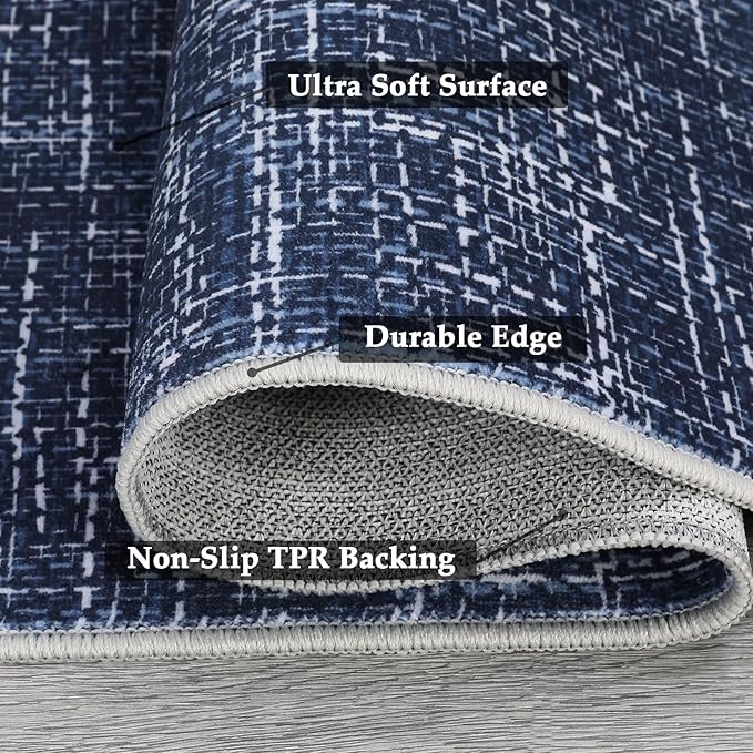 RUGSREAL Bedroom Area Rug 4x6 Modern Abstract Area Rug Stain Resistant Small Living Room Rug Contemporary Dining Room Rug Non-Slip Solid Rug Aesthetic Accent Floor Carpet for Kitchen Office, Blue