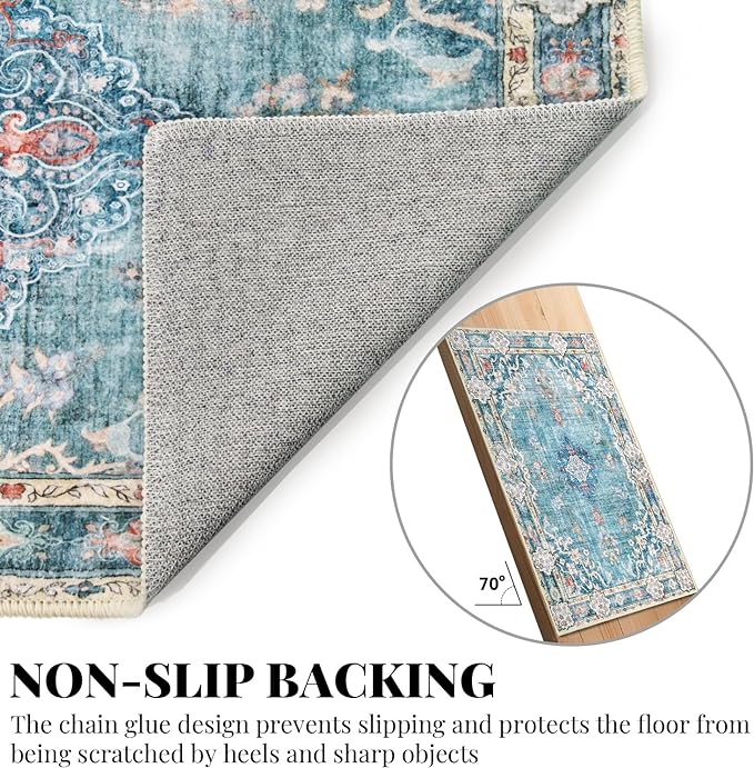 MUJOO Teal Rug 8'x10' Area Rugs for Living Room Blue Washable Rugs Large Rug Boho Rug 8'x10' for Bedroom Non Slip Abstract Soft Low-Pile Floral Colorful Flowers