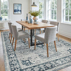 DEXI 10x14 Area Rug for Living Room, Washable Vintage Farmhouse Thin Rug Indoor Floor, Non Slip Stain Resistant Low Pile Carpet for Dining Room Bedroom Office, Blue Grey