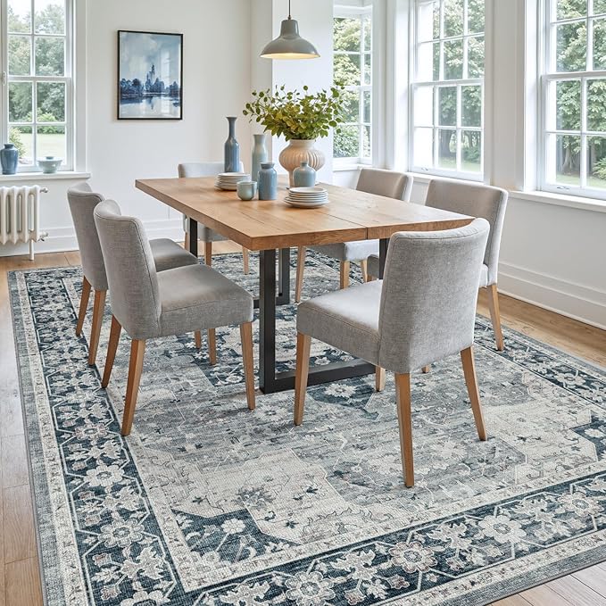 DEXI 9x12 Area Rug for Living Room, Washable Vintage Farmhouse Thin Rug Indoor Floor, Non Slip Stain Resistant Low Pile Carpet for Dining Room Bedroom Office, Blue Grey