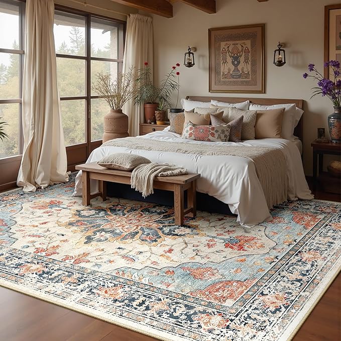 Area Rugs 6'x9' Washable Non-Slip, Floral Vintage Distress Print Pattern Medallion Carpet for Living Room Bedroom Dining Room, Beige Navy Blue Orange Colorful