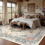 Area Rugs 10'x14' Washable Non-Slip, Floral Vintage Distress Print Pattern Medallion Carpet for Living Room Bedroom Dining Room, Beige Navy Blue Orange Colorful