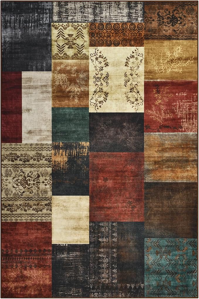 Tepook Modern Area Rug for Living Room, 8x10 Geometric Large Rugs for Bedroom, Washable Patchwork Rug Indoor Non-Slip Throw Carpets for Dining Room Office Farmhouse Home Decor, Multi