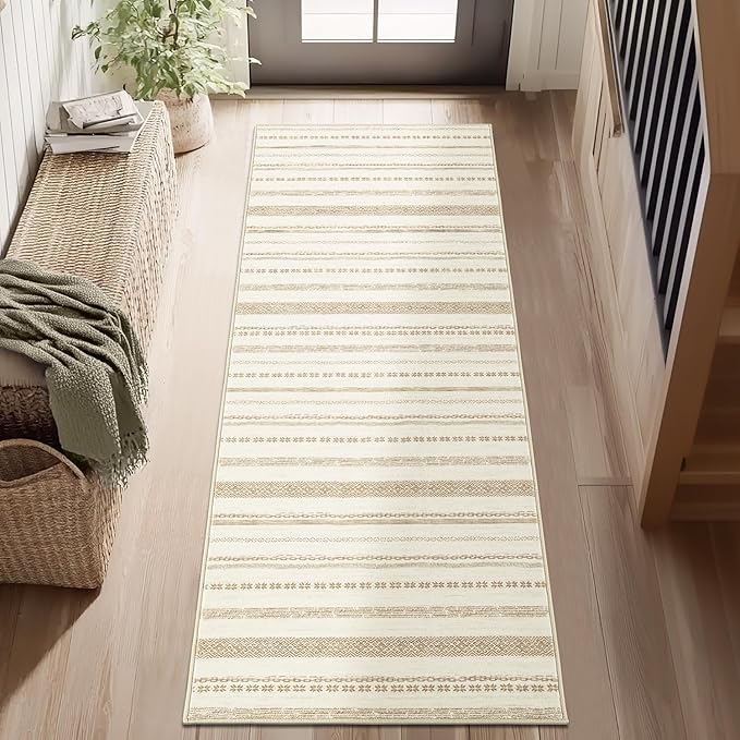 jinchan Moroccan Boho Runner Rug 2x5 - Machine Washable Non-Slip Low-Pile Soft Bohemian Runner Rug for Entryway Hallway Kitchen Bedroom Laundry Room (2‘x5', Beige)