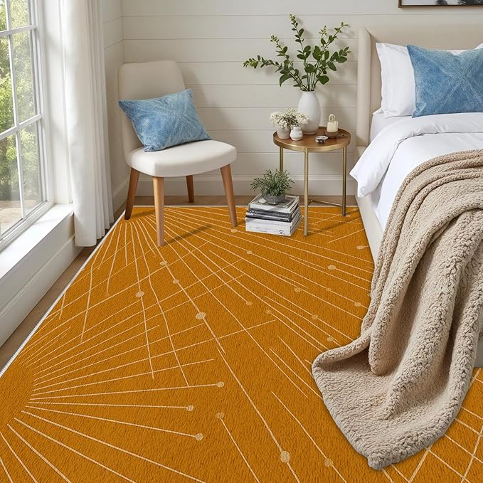 Modern Washable Area Rug 6x9, Boho Minimalist Non-Slip Rugs, Abstract Striped Soft Carpet for Living Room Bedroom Nursery Room Home Decor Office, Pet Friendly, Orange Beige
