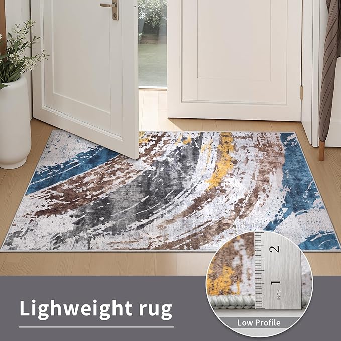 Ciicool Modern Abstract Swirl Area Rug, 2x3 Grey Navy Washable Small Entryway Rug, Low Pile Soft Non-Slip Kitchen Rug Thin Throw Rugs Room Mat Foldable Bathroom Rugs Non-Shedding Floor Carpet Indoor