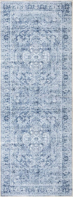 Bloom Rugs Washable Non-Slip 12 ft Runner - Ivory/Denim Blue Traditional Medallion Runner for Entryway, Hallway, Bathroom, and Kitchen - Exact Size: 2.5' x 12'