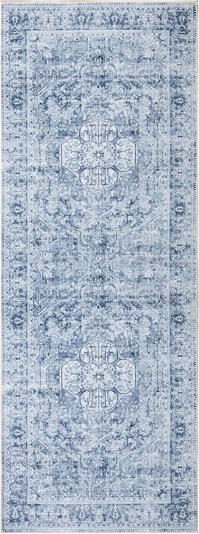 Bloom Rugs Washable Non-Slip 10 ft Runner - Ivory/Denim Blue Traditional Medallion Runner for Entryway, Hallway, Bathroom, and Kitchen - Exact Size: 2.5' x 10'