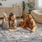 PURRUGS Vintage Farmhouse Boho Area Rug 5x7 ft, Non-Slip Machine Washable Rug, Accent Oriental Rug for Living Room, Dining Room, Bedroom, Entryway and Kitchen, Periwinkle Gray/Soft Ivory