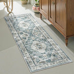 Uphome Bathroom Rugs Runner, Distressed Farmhouse Boho Blue Bath Mat, Non Slip Washable Long Bath Rugs, Vintage Traditonal Soft Velvet Bathroom Runner for Bathtub Sink Shower, 20x60 inch