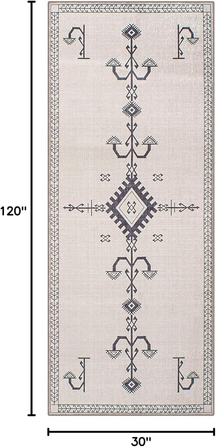 GLN Rugs Contemporary Collection - Machine Washable Area Rug, Contemporary Washable, Non Slip, Low Pile Chenille Rug, Living Room, Bedroom, Kitchen Rug (2'6" x 10' Cream/Anthracite)
