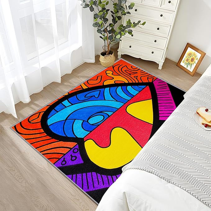 Abstract Living Room Rug - Colorful Pop Art Rug, 7x9 Area Rugs, Hippie Aesthetic Funky Washable Foldable Large Carpet Home Decor #C128