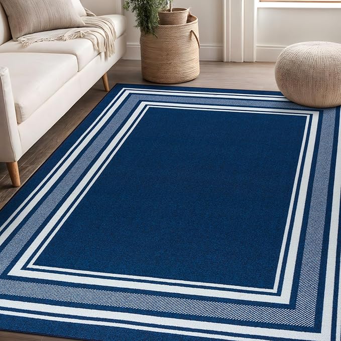Beverly Rug Non Slip Area Rugs 8x10 Modern Bordered Non Skid Rubber Backing Soft Area Rug for Living Dining Room Easy to Clean Non Shedding Kitchen Bedroom Indoor Carpet 8 x 10 Navy