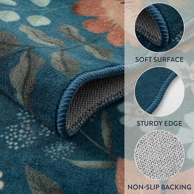 Lahome Floral Rugs for Entryway, 2x4 Washable Kitchen Rugs Ultra-Thin, Non Slip Indoor Door Mat Stain Resistant Boho Small Low-Pile Throw Carpet for Bathroom Bedroom(2x4ft,Navy Blue)