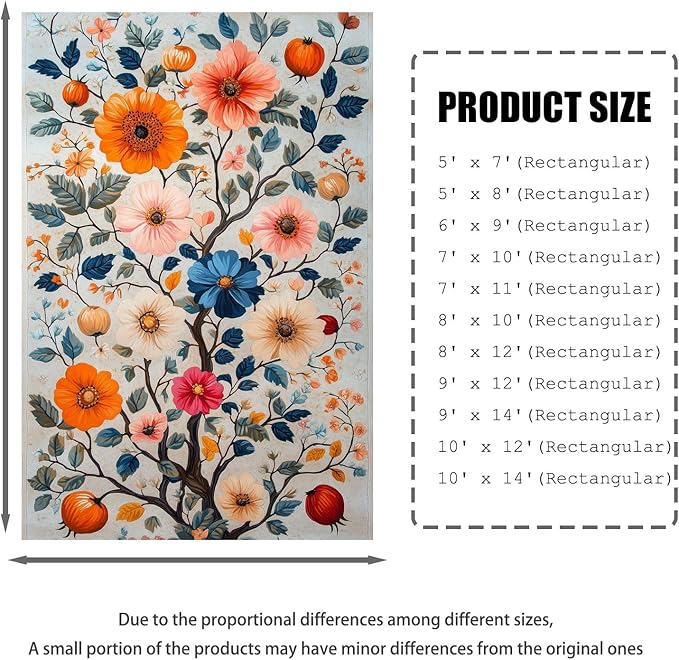 7x11 Colorful Flower Area Rugs, Floral Vintage Large Rugs, Floral Rugs, Botanical Rug, Washable Boho Botanical Non Slip Carpet for Living Room, Bedroom, Kids Room