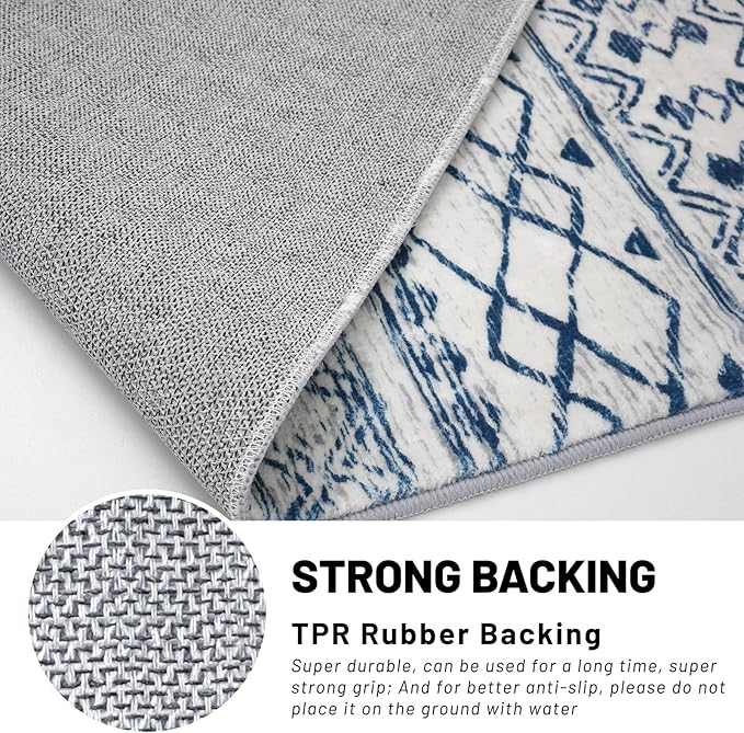 KUTA Vintage Boho Washable Rugs 3x5, Moroccan Non Slip Entryway Rug, Blue White Ultra Soft Print Distressed Geometric Low-Pile Area Rug for Living Room Bedroom Nursery Dorm Decor