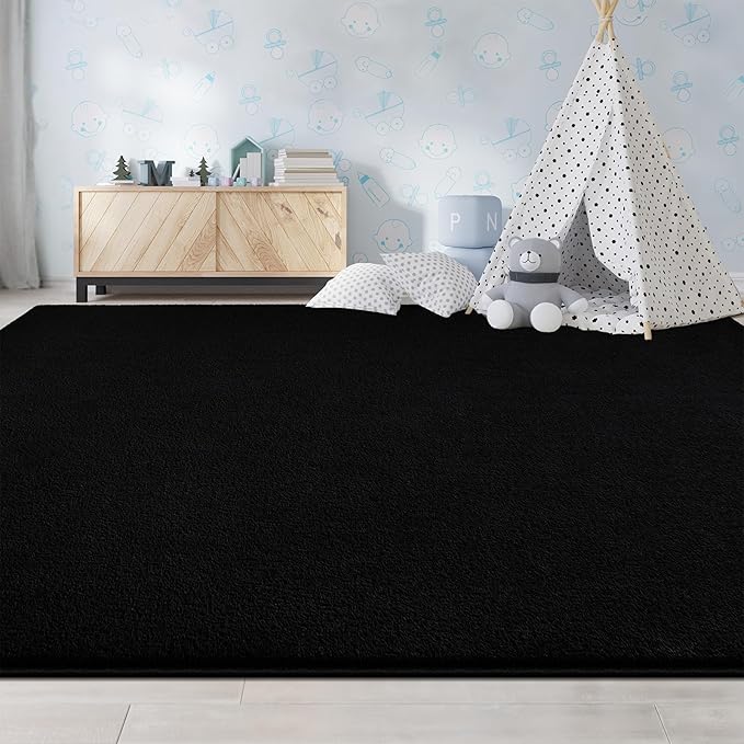 Large Area Rugs for Living Room Bedroom, 7x10 Feet Black Rug, Minimalist Modern Shag Rug, Soft Thick Comfy Memory Foam Indoor Carpet, Non-Slip Washable Rug for Boys Girls Dorm Nursery Room Home Decor