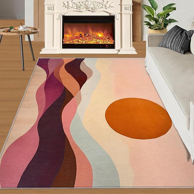 Boho Sun Area Rugs 4x5ft, Minimalist Line Kids Play Rug, Geometric Solar Throw Rugs Bedroom Fluffie Soft for Coffee Shop Living Room Under Table Game Room