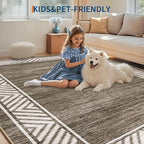 GarveeHome Modern Rugs for Living Room 8x10 Large Bordered Floor Mats with Non-Slip Backing, Stain-Resistant Bedroom Carpet, Foldable Geometric Indoor Rug for Dining Room, Kitchen, Brown