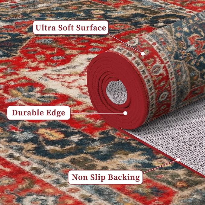 Enkor Runner Rugs for Hallway, 2x10 Washable Soft Boho Non Slip Floor Rugs for Kitchen, Modern Mat for Living Room Bedroom Entryway Red & Blue