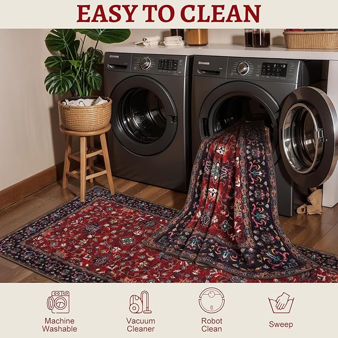 Tangsoo 5x7 Washable Rug, Floral Vintage Large Area Rugs for Living Room, Indoor Non Slip Print Floor Carpet, Soft Low Pile Machine Washable Rug for Bedroom Dining Room Dorm Home Decor Red