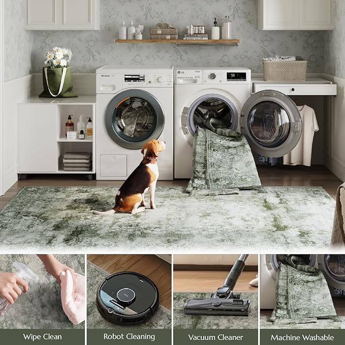 jinchan Green 4x6 Area Rugs - Machine Washable Vintage Floral Distressed Design Soft Ultra-Thin Low-Pile Non-Slip Carpet for Bedroom Living Room Dining Room Nursery (4x6ft, Forest Green)