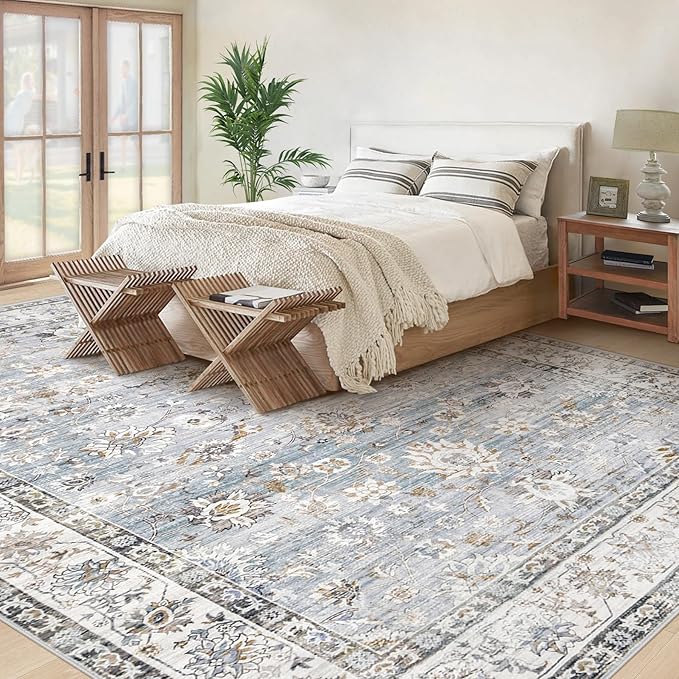 Area Rug 8x10 Living Room Rug, Machine Washable Vintage Distressed Boho Area Rug Non-Slip Soft Low Pile Large Indoor Rugs for Bedroom Kitchen Dining Room Office(Light Blue,8'x10')