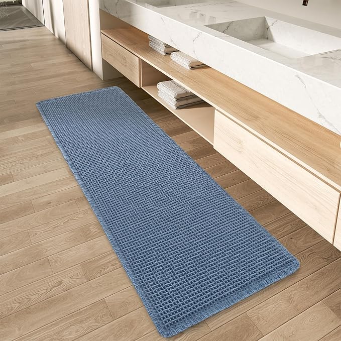 AMOAMI Upgraded Waffle Runner Rug Super Absorbent Non Slip Bath Mats for Bathroom Machine Washable Bathroom Runner Rug with Tassels, Ideal for Hallway Bedroom Laundry Room, 2'x 4'(24" x 48"), Blue