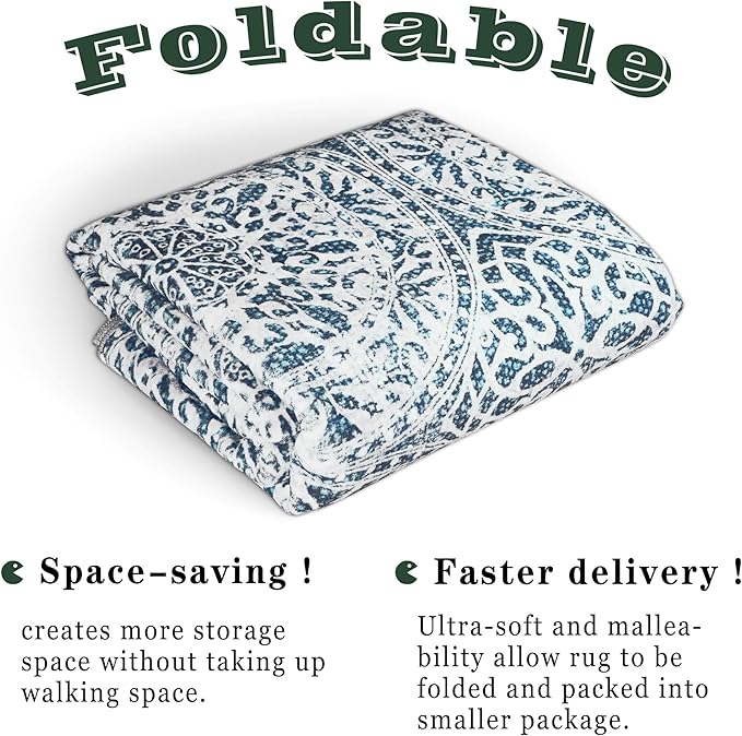 vivorug 9x12 Area Rugs for Living Room, Non Slip Machine Washable Vintage Blue Rug, Ultra-Thin Lightweight Large Area Rug for Bedroom, Dining Room, Low Pile Rug