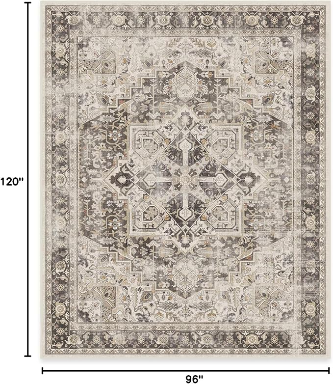 RUGGABLE Washable Vintage Area Rug – Kamran Hazel 8x10, Stain-Resistant, Non-Slip – Large Machine Washable Rugs for Living Room, Bedroom, Hallway, Entryway & Office–with Standard Pad