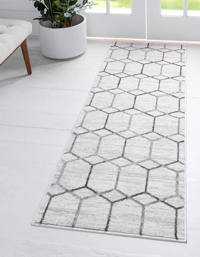 Rugs.com Lattice Trellis Collection Rug – 6 Ft Runner White Low-Pile Rug Perfect for Hallways, Entryways