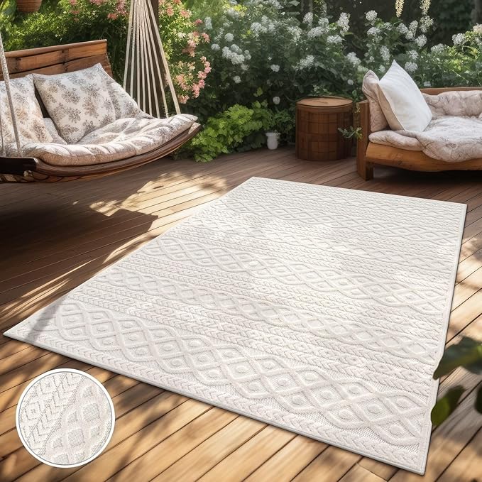 Paco Home Modern Area Rug with Carved Geometric Pattern in Cream Ivory, Size: 4' x 5'7"