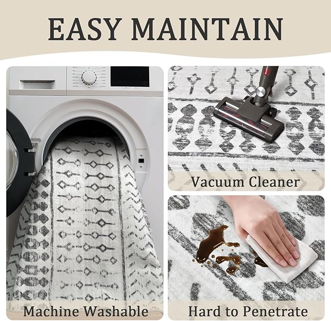 4x6 Machine Washable Area Rug for Living Room, Grey White Vintage Moroccan Rug Large Non-Slip Low Pile Soft Faux Wool Carpet, Kids and Pets Friendly for Bedroom Dining Room Farmhouse Home Decor Rug