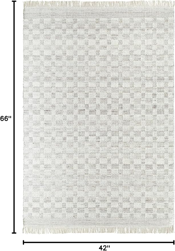 Mark&Day Wool Rugs, 4x6 Clinten Solid and Border Light Gray Checkered Rug, Grey Ivory Carpet for Living Room, Bedroom or Kitchen (3'6" x 5'6")