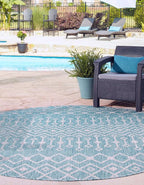 Unique Loom Outdoor Trellis Collection Area Rug - Tribal Trellis (5' 3" Round, Aqua/ Ivory)
