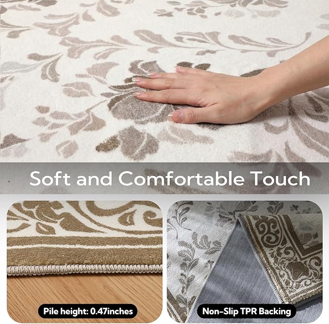 SOULFUL Medium Pile 4x6 Rugs for Living Room - Soft Underfoot Area Rug - Brown Boho Floral - Washable Non-Slip - Perfect for Bedroom Kids Room Under Dining Table Office